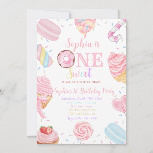 One Sweet Girl Donut pastel Roze 1e Verjaardag Inv Kaart (Voorkant)