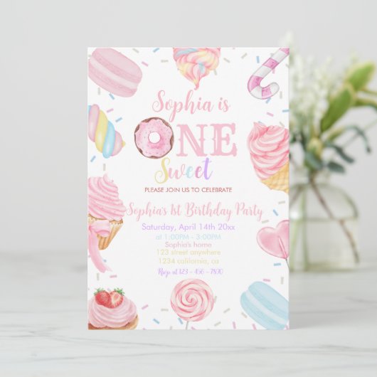 One Sweet Girl Donut pastel Roze 1e Verjaardag Inv Kaart (Staand voorkant)
