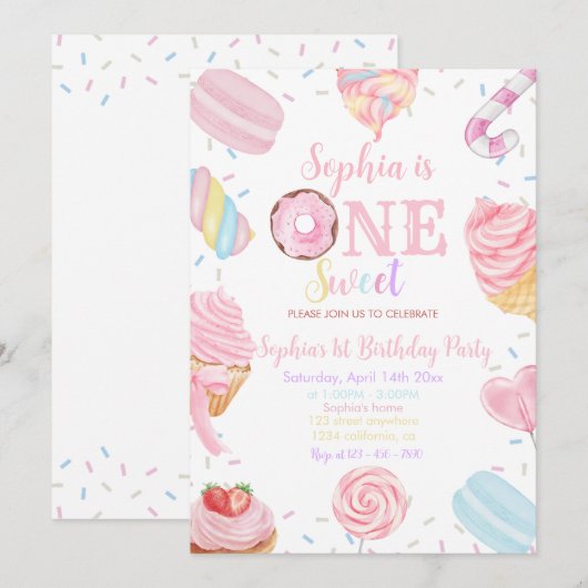 One Sweet Girl Donut pastel Roze 1e Verjaardag Inv Kaart (Voorkant / Achterkant)