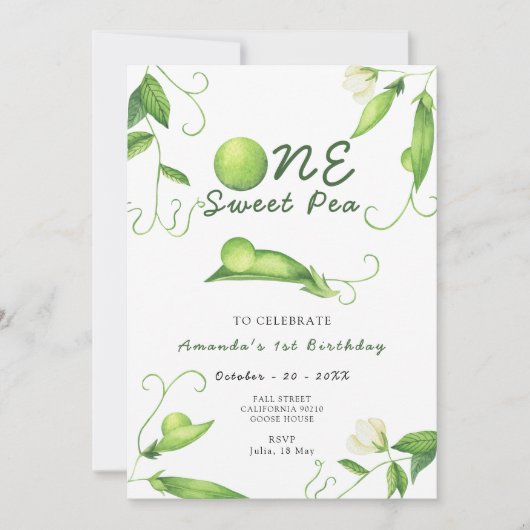 One Sweet Pea First Birthday Party Kaart (Voorkant)