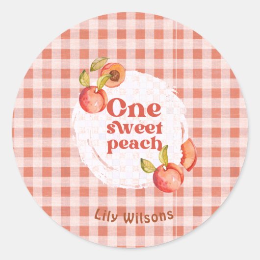 One Sweet Peach 1e Verjaardag Landelijke Gingham Ronde Sticker (Voorkant)
