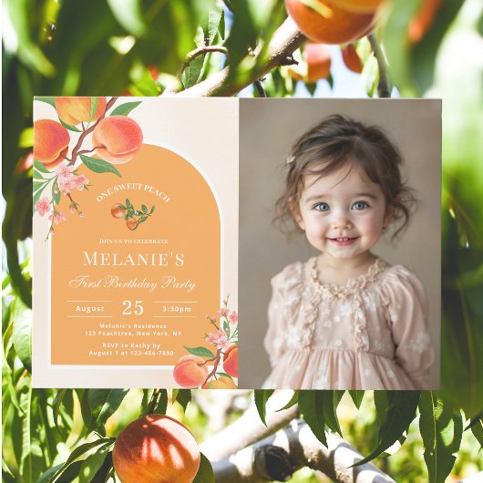 One Sweet Peach 1st Birthday Fotouitnodiging Kaart