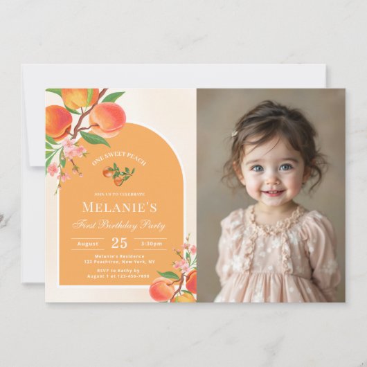 One Sweet Peach 1st Birthday Fotouitnodiging Kaart (Voorkant)