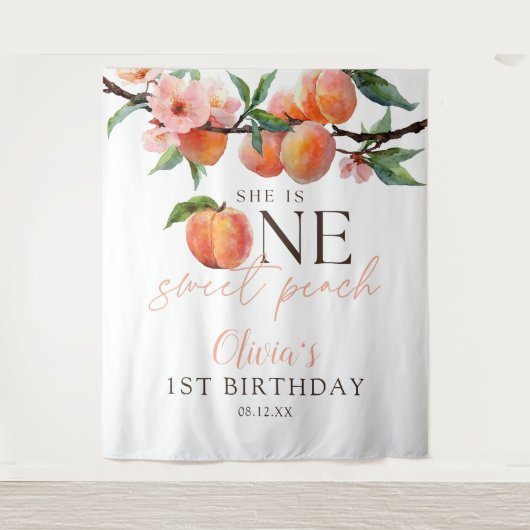 One Sweet Peach 1st Birthday Photo Backdrop Wandkleed (Voorkant)