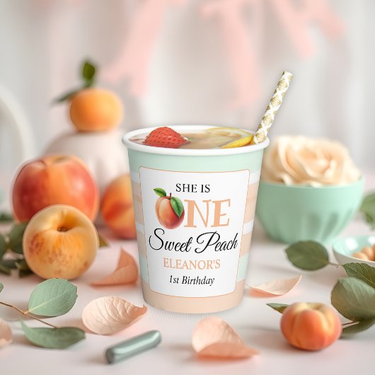 One sweet peach First Birthday watercolor stripes Papieren Bekers