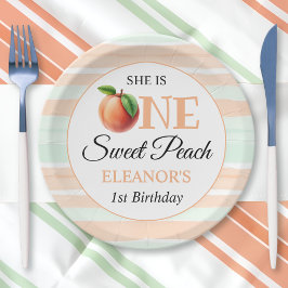 One sweet peach First Birthday watercolor stripes Papieren Bordje