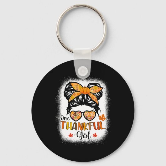 One Thankful Girl Thanksgiving Daughter Messy Bun Sleutelhanger (Voorkant)