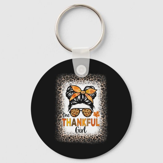 One Thankful Girl Thanksgiving Messy Bun Leopard B Sleutelhanger (Voorkant)