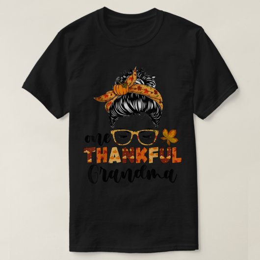 One Thankful Grandma Fun Messy Bun Herfst herfst T T-shirt (Design voorkant)
