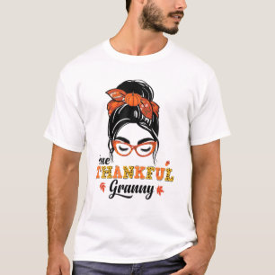 One Thankful Granny Leopard Print Messy Bun-Bedank T-shirt