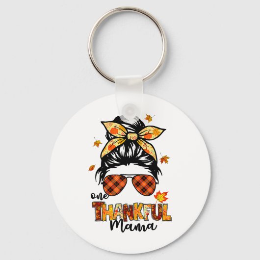 One Thankful Mama Funny Messy Bun Fall Autumn Than Sleutelhanger (Voorkant)