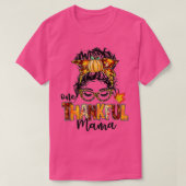 One Thankful Mama Funny Pumpkin Messy Bun Thanksgi T-shirt (Design voorkant)