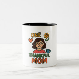 One Thankful Mom – Cute Cartoon Mother with Glasse Tweekleurige Koffiemok