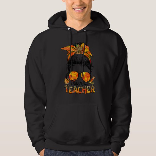 One Thankful Teacher Leopard Messy Bun Thanksgivin Hoodie (Voorkant)