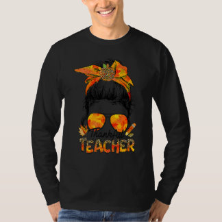 One Thankful Teacher Leopard Messy Bun Thanksgivin T-shirt