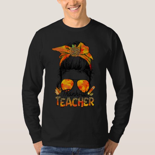 One Thankful Teacher Leopard Messy Bun Thanksgivin T-shirt (Voorkant)