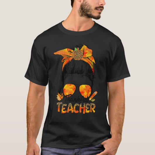 One Thankful Teacher Leopard Messy Bun Thanksgivin T-shirt (Voorkant)