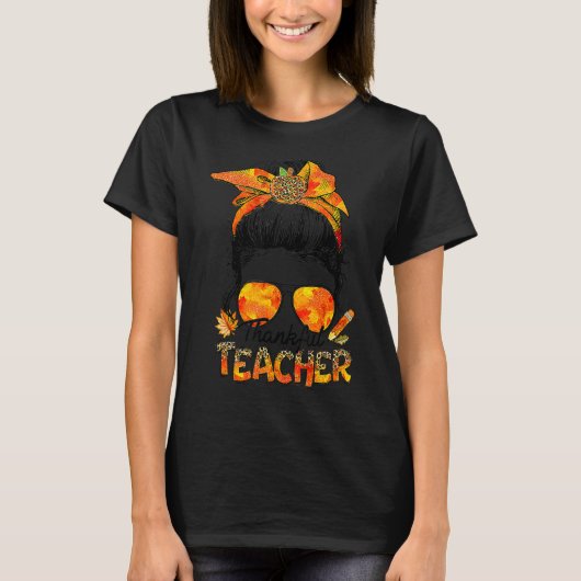 One Thankful Teacher Leopard Messy Bun Thanksgivin T-shirt (Voorkant)