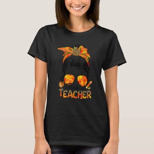 One Thankful Teacher Leopard Messy Bun Thanksgivin T-shirt (Voorkant)