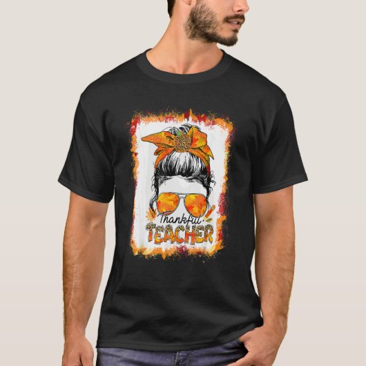 One Thankful Teacher Leopard Messy Bun Thanksgivin T-shirt (Voorkant)