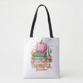 One Thankful Teacher – Pink Pumpkin & Books Autumn Tote Bag (Voorkant)