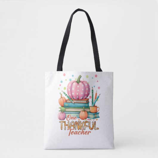 One Thankful Teacher – Pink Pumpkin & Books Autumn Tote Bag (Voorkant)