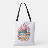 One Thankful Teacher – Pink Pumpkin & Books Autumn Tote Bag (Achterkant)