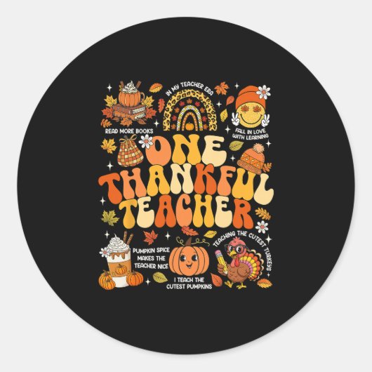 One Thankful Teacher Thanksgiving Groovy Fall Autu Ronde Sticker (Voorkant)