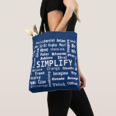 "One Word" Word Cloud op Navy Blue Tote Bag (Dichtbij)