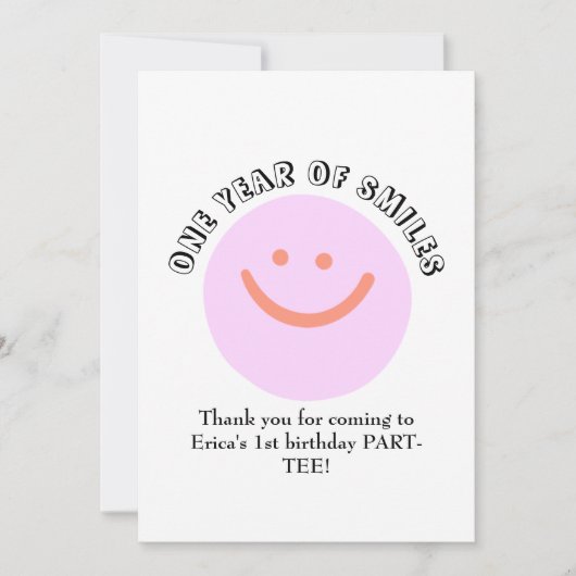 ONE YEAR OF SMILES Verjaardag Baby Details toevoeg Bedankkaart (Voorkant)