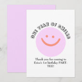 ONE YEAR OF SMILES Verjaardag Baby Details toevoeg Bedankkaart (Voorkant / Achterkant)