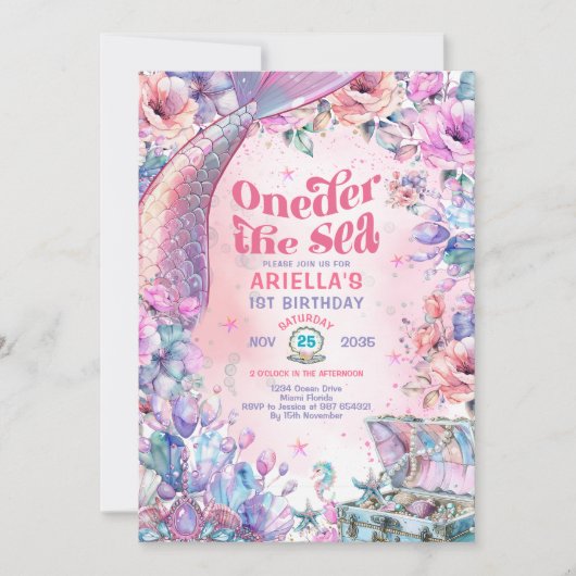 Oneder de Zee Flower Glitter Zeemeerminstaart Kaart (Voorkant)