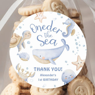ONEder De Zee! Jongen Schattige Oceaan 1e Verjaard Ronde Sticker