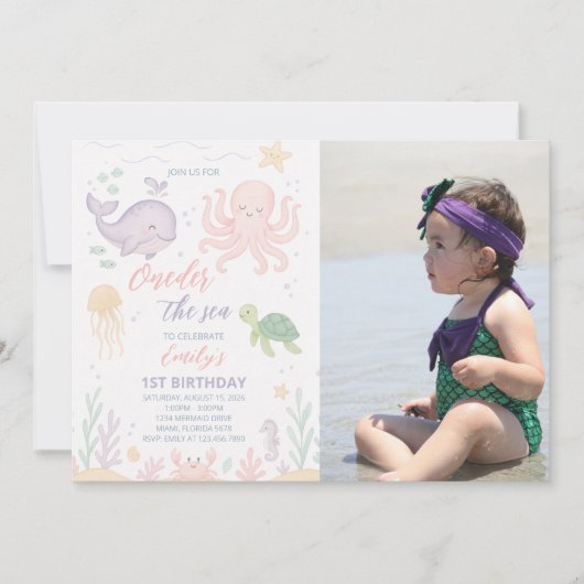 Oneder het Zee 1e verjaardag foto uitnodiging (Voorkant)