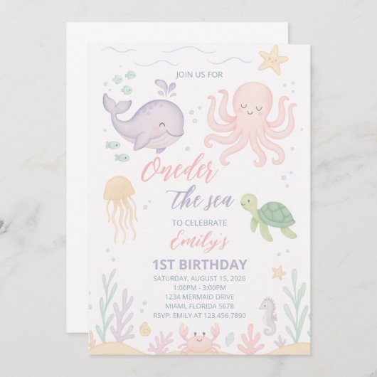 Oneder het Zee 1e verjaardag uitnodiging (Voorkant / Achterkant)