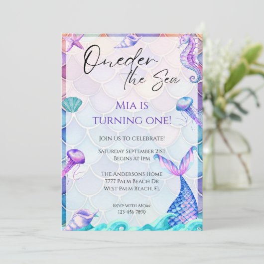 Oneder Het Zee 1e Zeemeermin Verjaardagsuitnodigin Kaart (Staand voorkant)