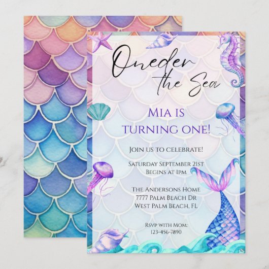 Oneder Het Zee 1e Zeemeermin Verjaardagsuitnodigin Kaart (Voorkant / Achterkant)