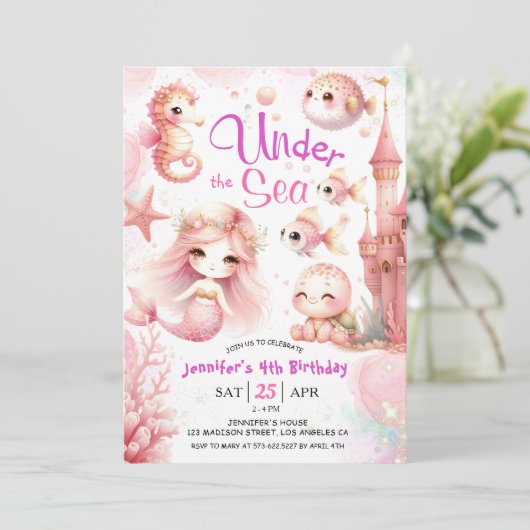 ONEder Het Zee! 4th Birthday Meisje Roze Schattige Kaart (Staand voorkant)