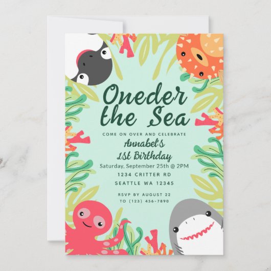 Oneder het Zee Leuke Dieren Kinder 1e Verjaardag Kaart (Voorkant)