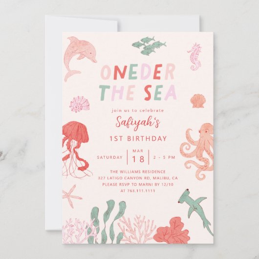 Oneder Het Zee Meisje 1e Verjaardagsfeestje Kaart (Voorkant)