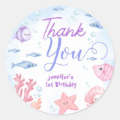 ONEder Het Zee! Meisje Schattigee Oceaan 1e verjaa Ronde Sticker (Voorkant)