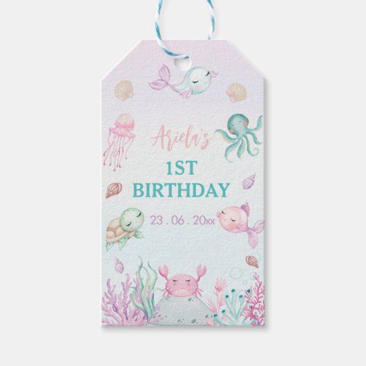 Oneder het Zee Ocean Animals 1st Birthday Cadeaulabel (Voorkant)