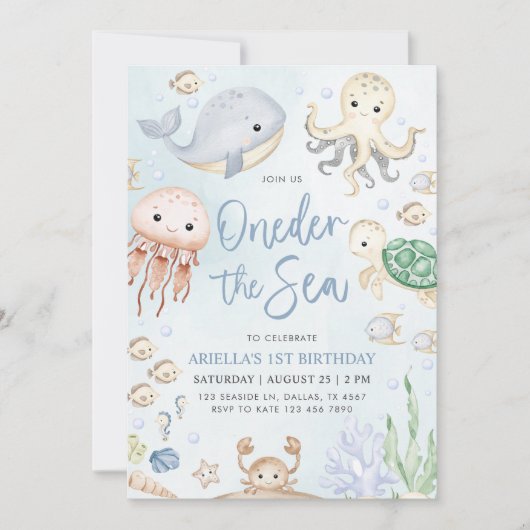 Oneder het Zee Ocean Animals 1st Birthday Kaart (Voorkant)
