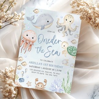 Oneder het Zee Ocean Animals 1st Birthday Kaart