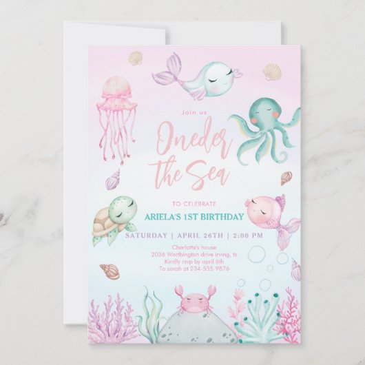 Oneder het Zee Ocean Animals 1st Birthday Kaart (Voorkant)