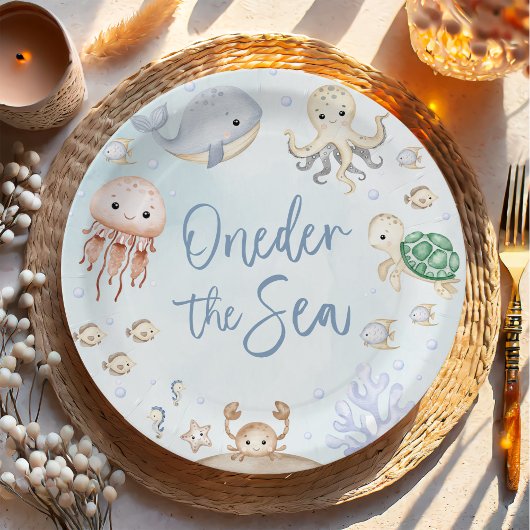 Oneder het Zee Ocean Animals 1st Birthday Papieren Bordje