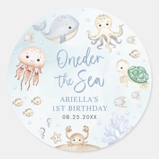 Oneder het Zee Ocean Animals 1st Birthday Ronde Sticker (Voorkant)