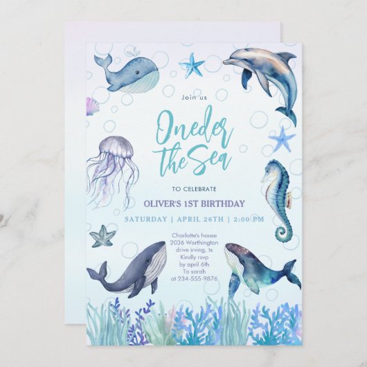 Oneder het Zee Ocean Animals 1st Boy Birthday Kaart (Voorkant / Achterkant)