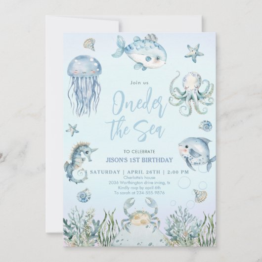 Oneder het Zee Ocean Animals Boy 1e verjaardag Kaart (Voorkant)