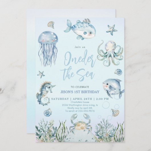 Oneder het Zee Ocean Animals Boy 1e verjaardag Kaart (Voorkant / Achterkant)